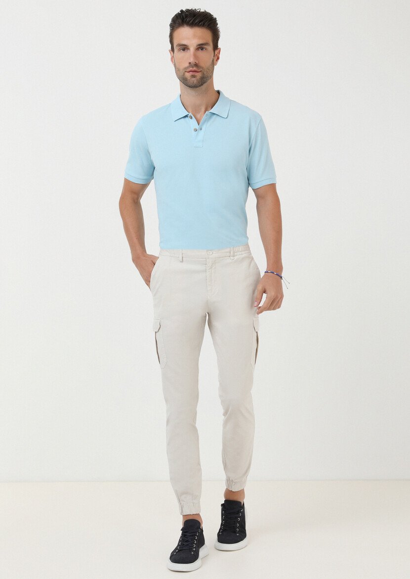 Ekru Kareli Dokuma Jogging Fit Casual Pamuk Karışımlı Pantolon 