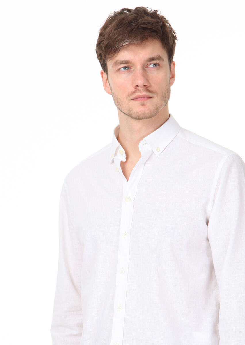 Ekru Kareli Regular Fit Uzun Dokuma Casual Pamuk Karışımlı Gömlek - 2