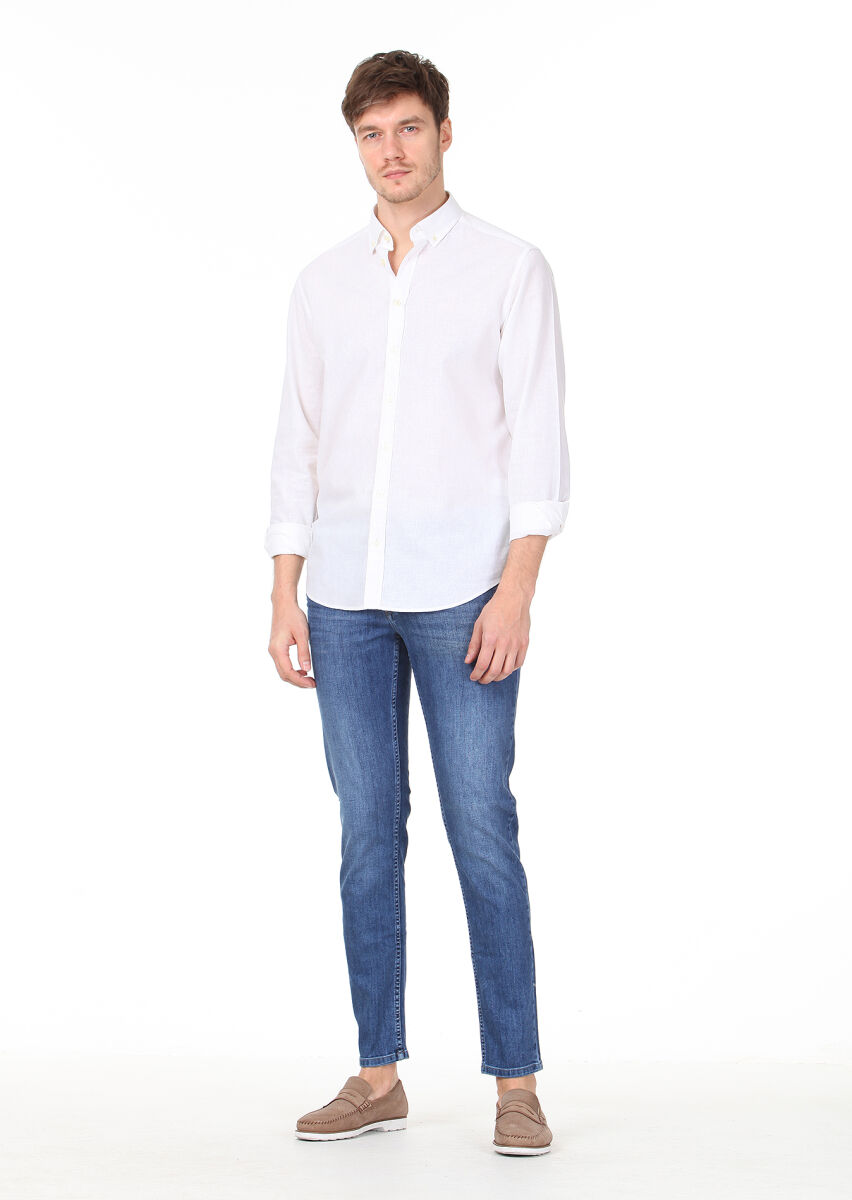 Ekru Kareli Regular Fit Uzun Dokuma Casual Pamuk Karışımlı Gömlek - 3