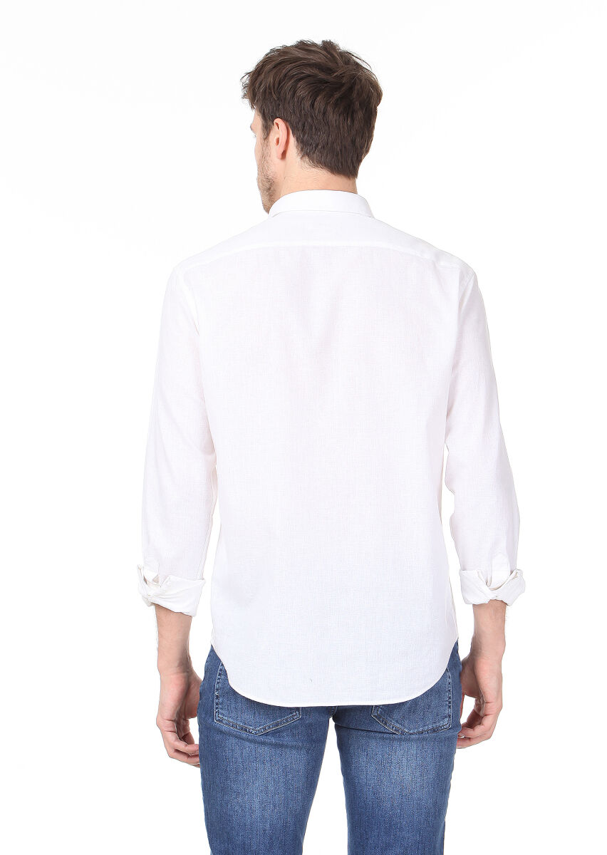 Ekru Kareli Regular Fit Uzun Dokuma Casual Pamuk Karışımlı Gömlek - 4