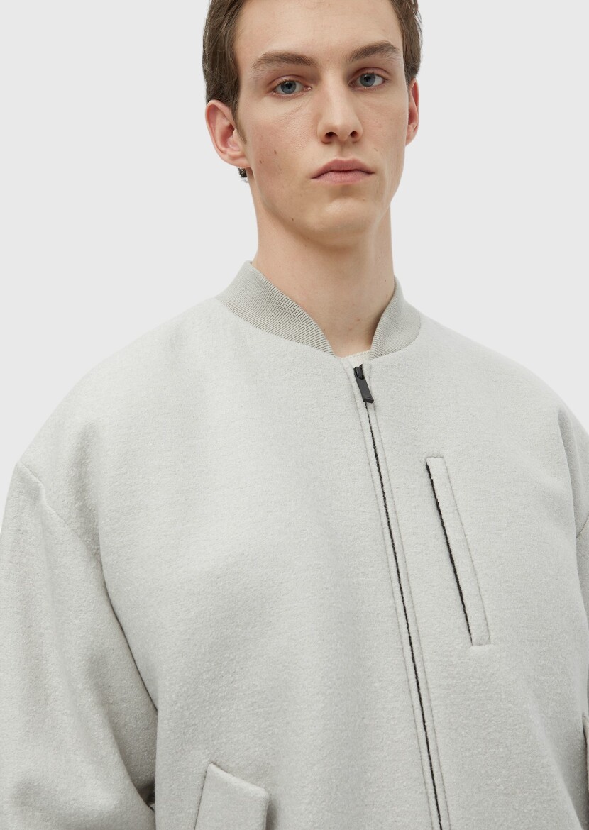 Ekru Oversize Fit Dik Yaka Casual Dokuma Mont - 4