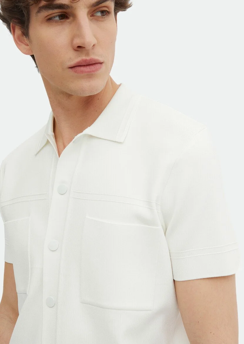 Ekru Polo Yaka Düz Örgü Hırka - 4