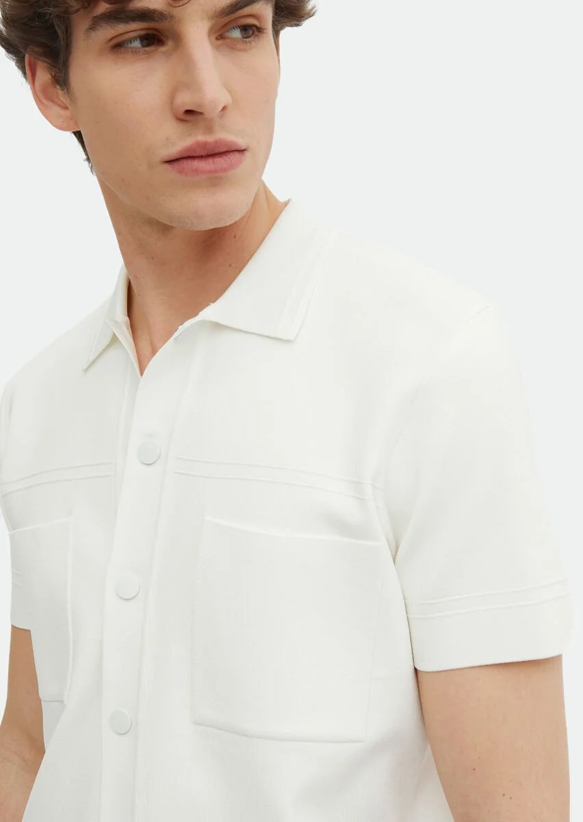 Ekru Polo Yaka Düz Örgü Hırka - 4