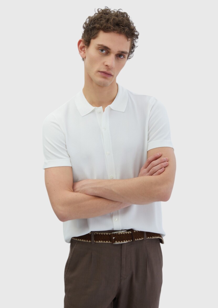 Ekru Polo Yaka Düz Örgü Hırka - RAMSEY