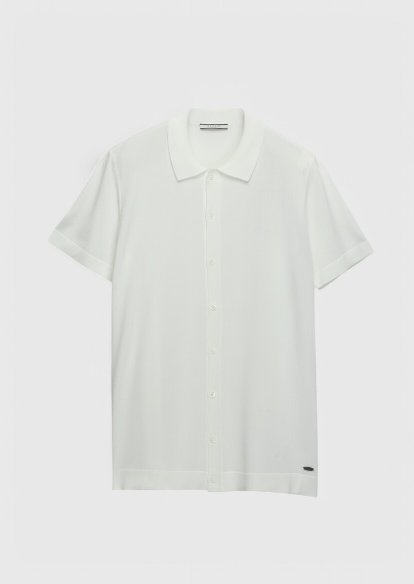Ekru Polo Yaka Düz Örgü Hırka - 6