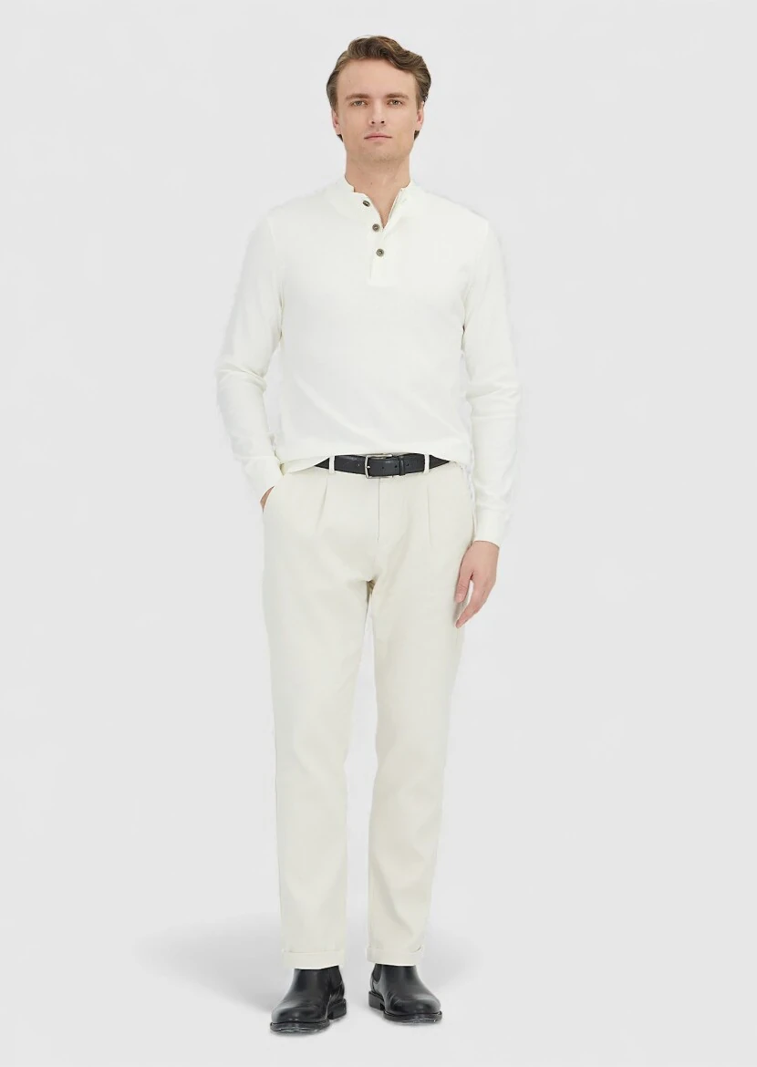 Ekru Polo Yaka Düz Örgü Triko Kazak 