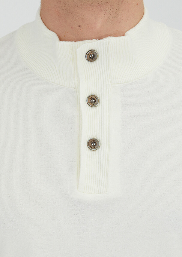 Ekru Polo Yaka Düz Örgü Triko Kazak - 4