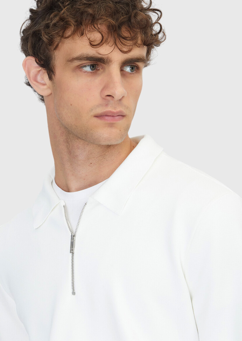 Ekru Polo Yaka Düz Örgü Triko Kazak - 4