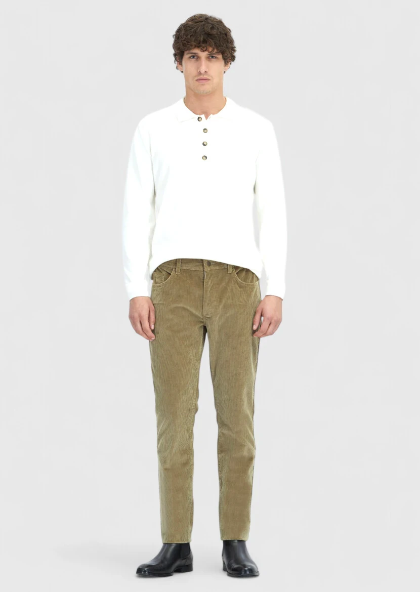 Ekru Polo Yaka Düz Örgü Triko Kazak - RAMSEY