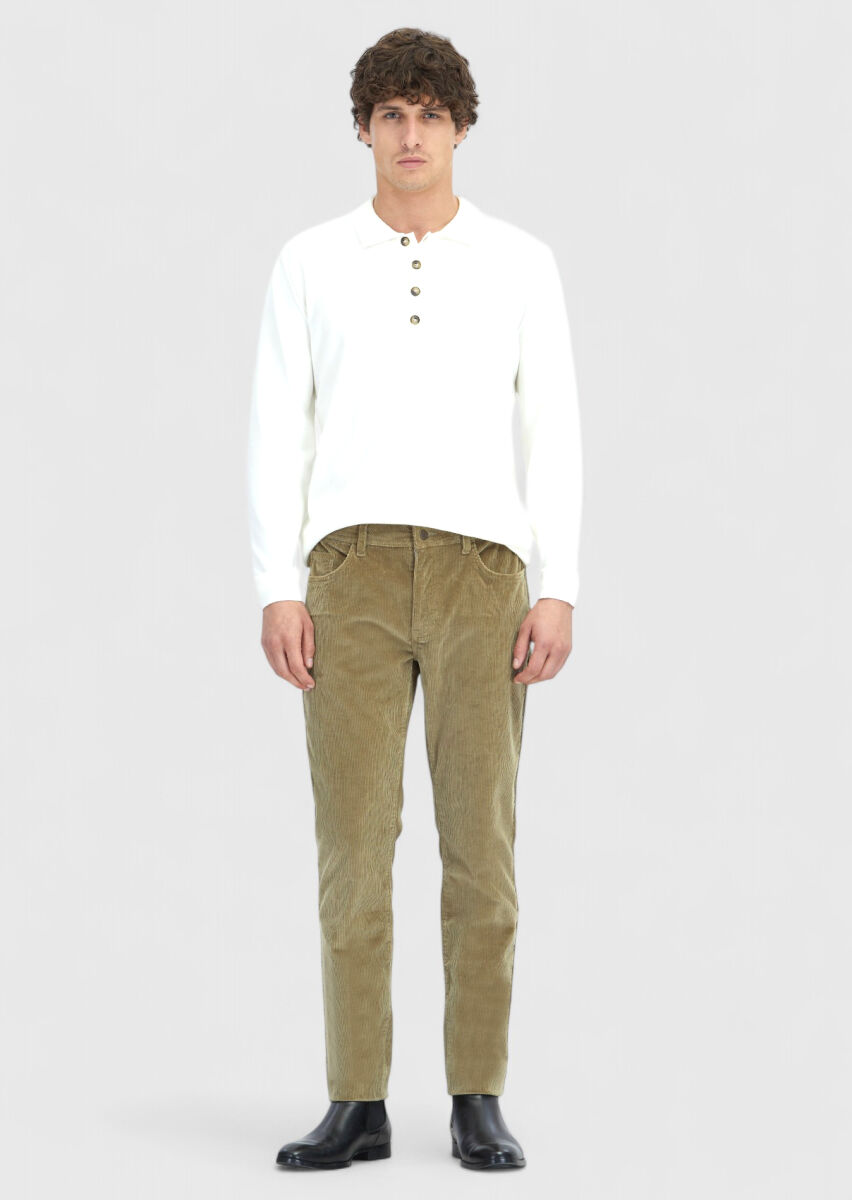 Ekru Polo Yaka Düz Örgü Triko Kazak - 2