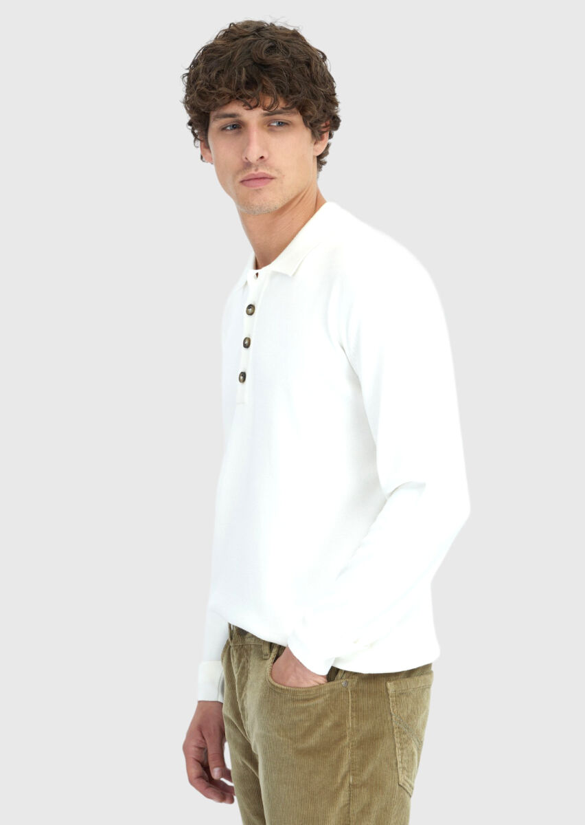 Ekru Polo Yaka Düz Örgü Triko Kazak - 3
