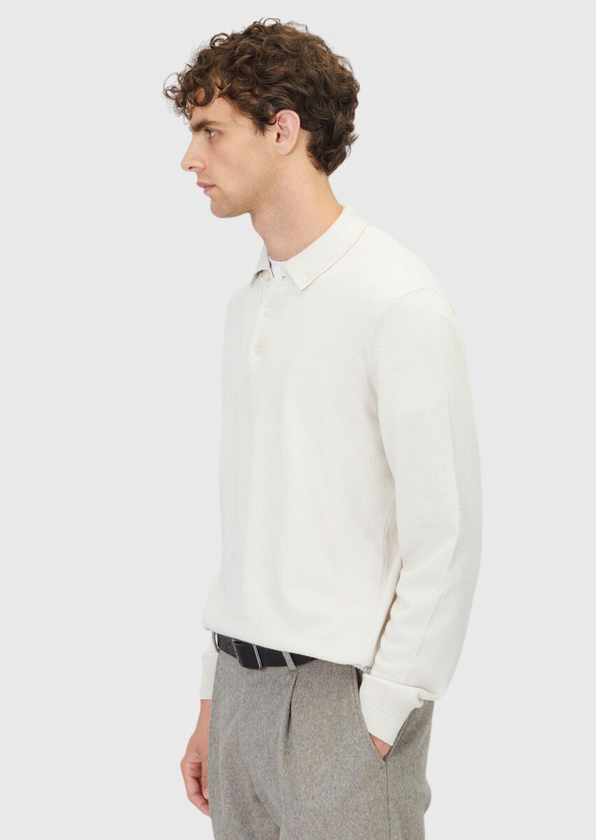 Ekru Polo Yaka Düz Örgü Yün Karışımlı Triko Kazak - 3