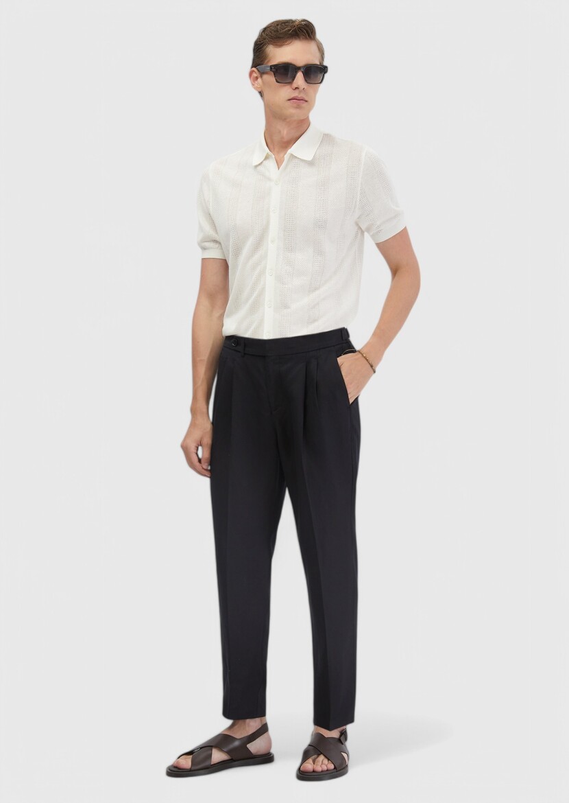 Ekru Polo Yaka Jakarlı Keten Karışımlı Hırka - RAMSEY