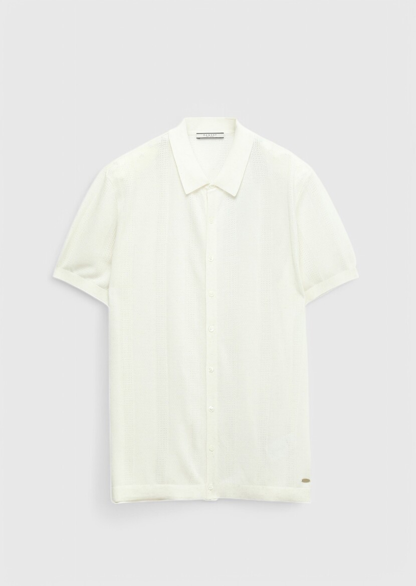 Ekru Polo Yaka Jakarlı Keten Karışımlı Hırka - 7