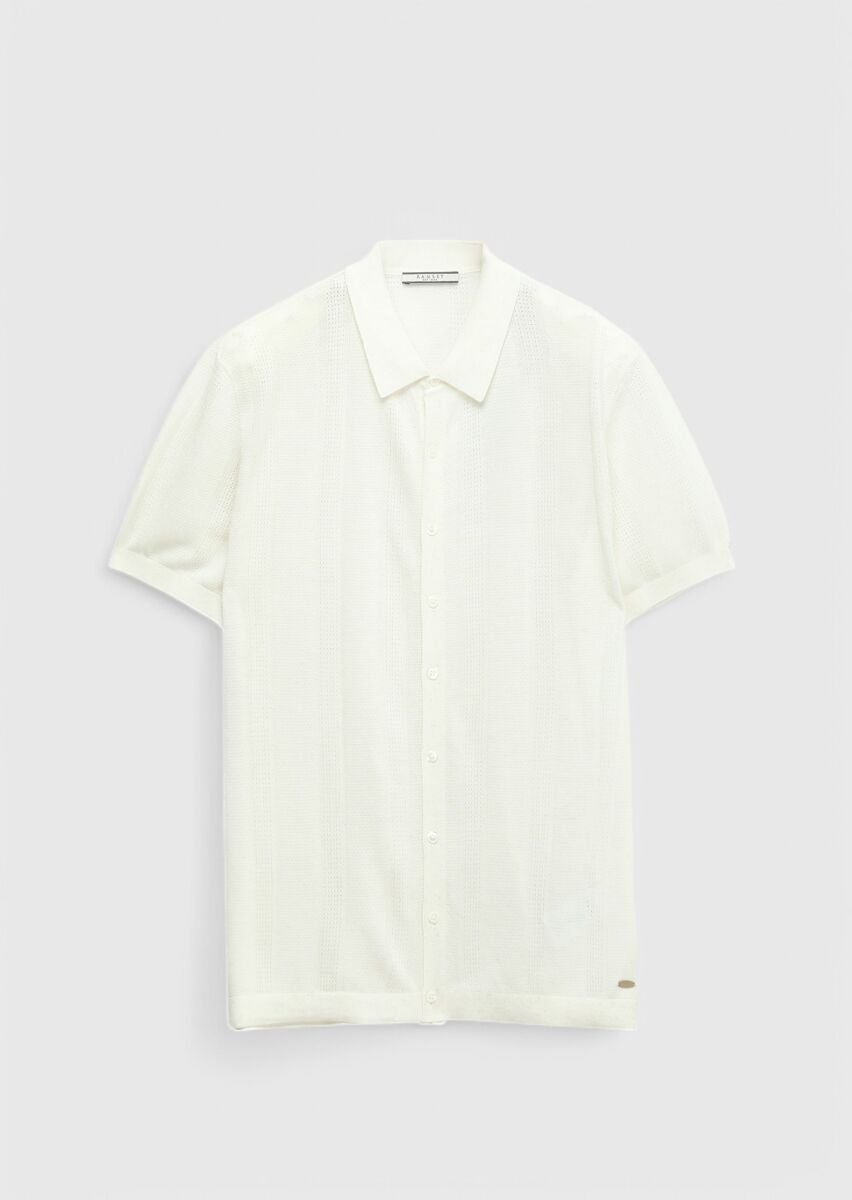 Ekru Polo Yaka Jakarlı Keten Karışımlı Hırka - 7