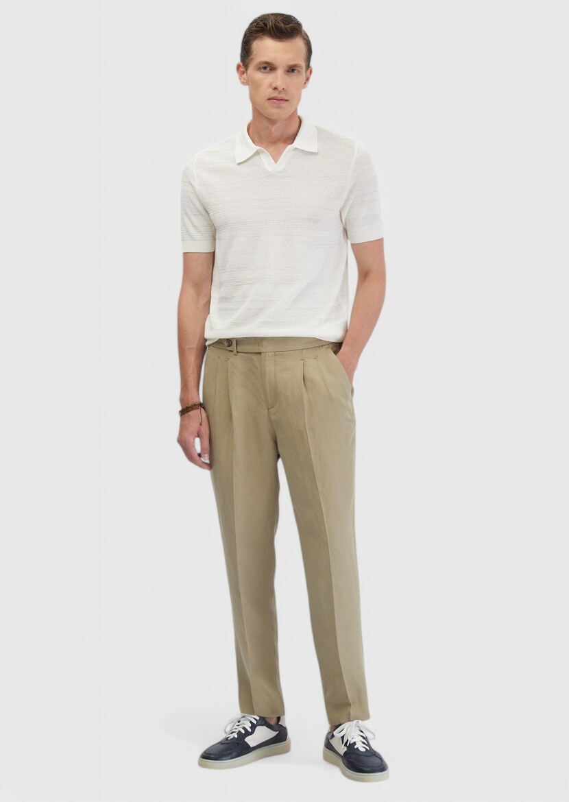 Ekru Polo Yaka Jakarlı Keten Karışımlı Triko - RAMSEY