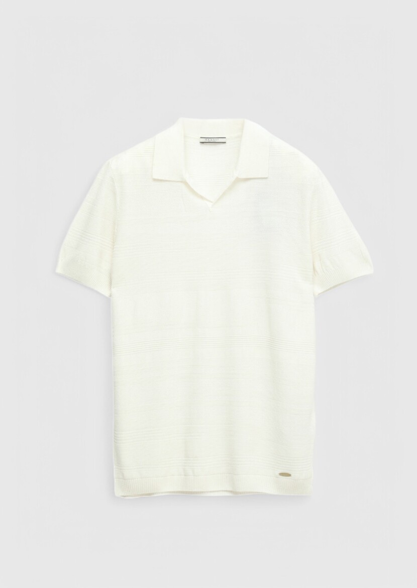 Ekru Polo Yaka Jakarlı Keten Karışımlı Triko - 8
