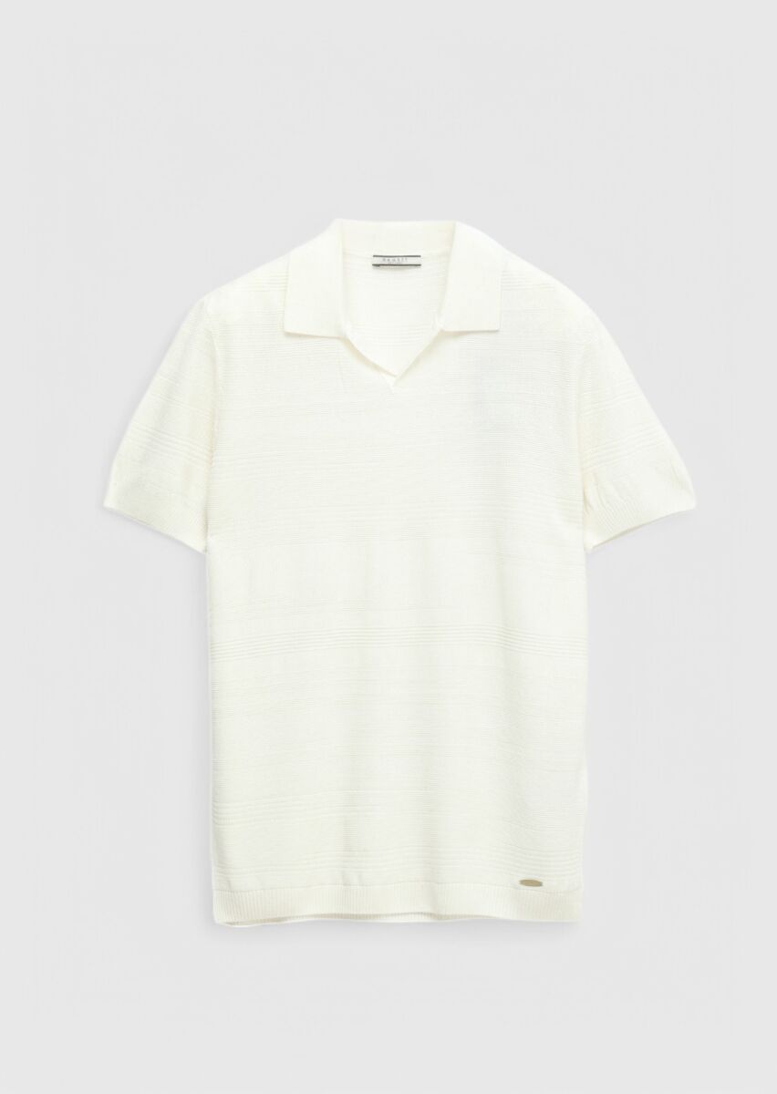 Ekru Polo Yaka Jakarlı Keten Karışımlı Triko - 8