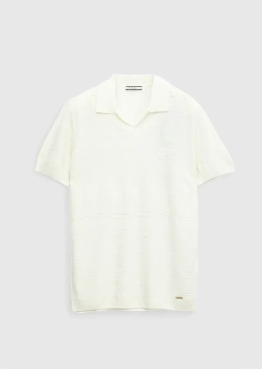 Ekru Polo Yaka Jakarlı Keten Karışımlı Triko - 8