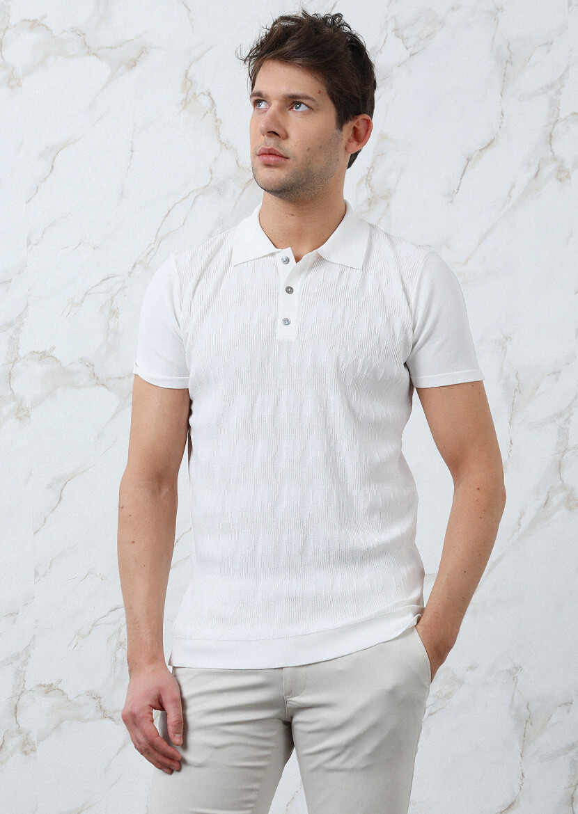 Ekru Polo Yaka Jakarlı Triko - 1