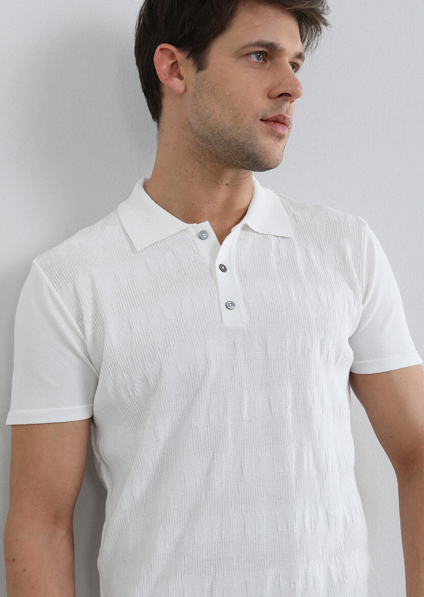 Ekru Polo Yaka Jakarlı Triko - 2