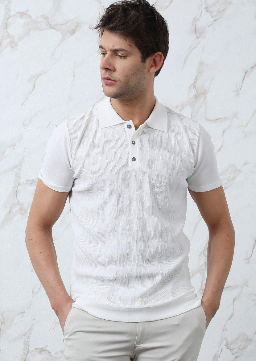 Ekru Polo Yaka Jakarlı Triko - 3