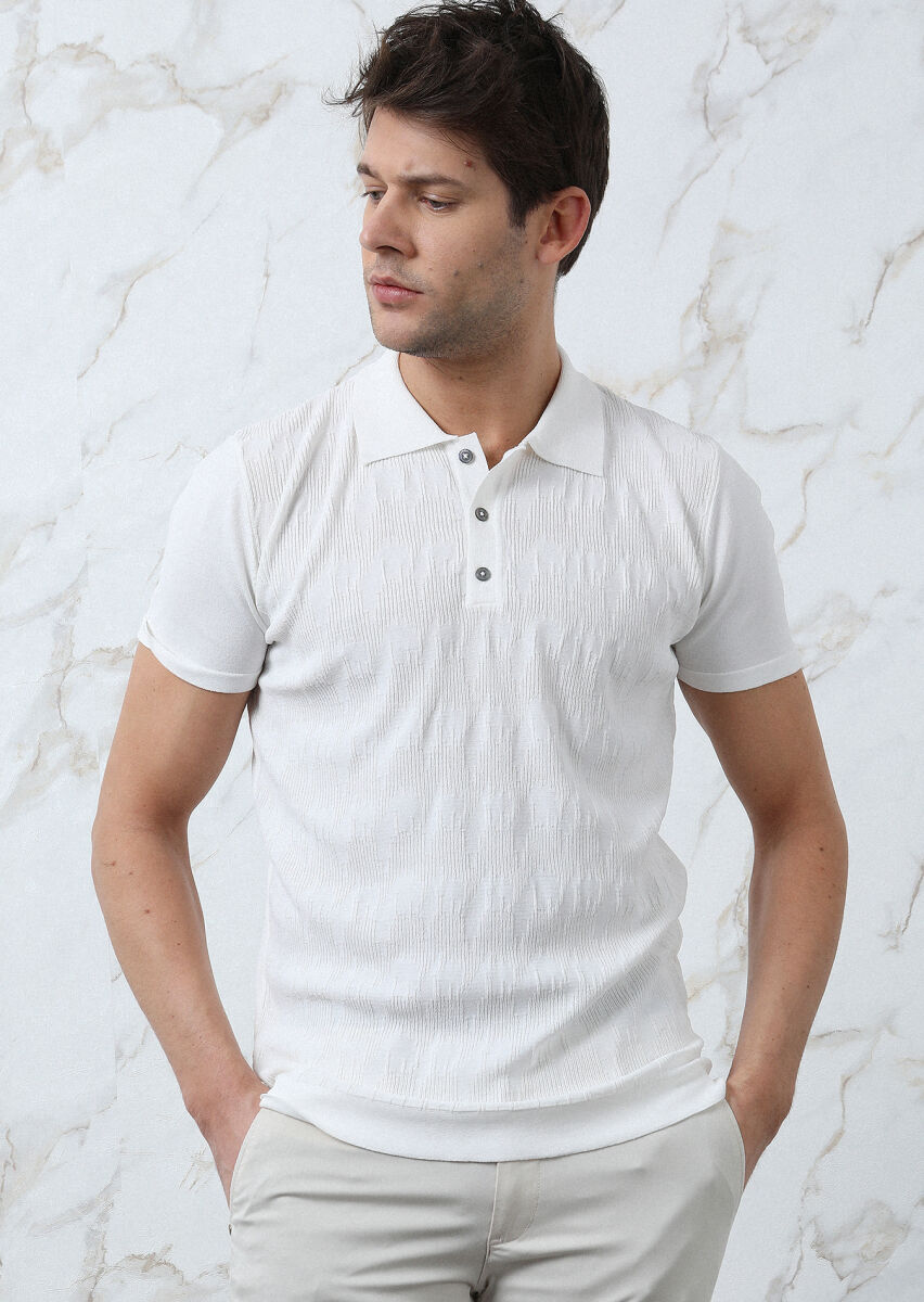 Ekru Polo Yaka Jakarlı Triko - 3