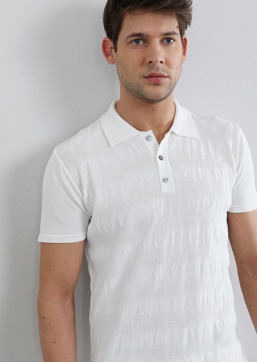 Ekru Polo Yaka Jakarlı Triko - 4