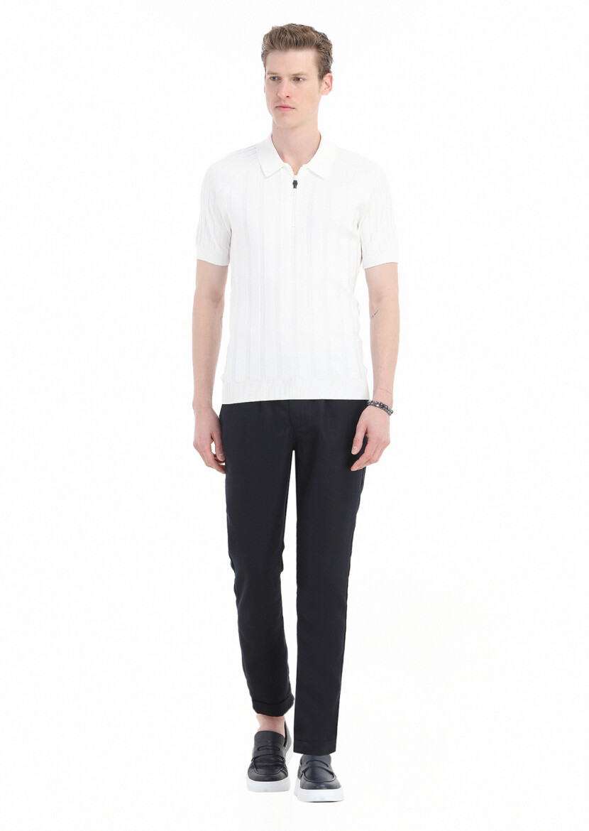 Ekru Polo Yaka Jakarlı Triko - 1