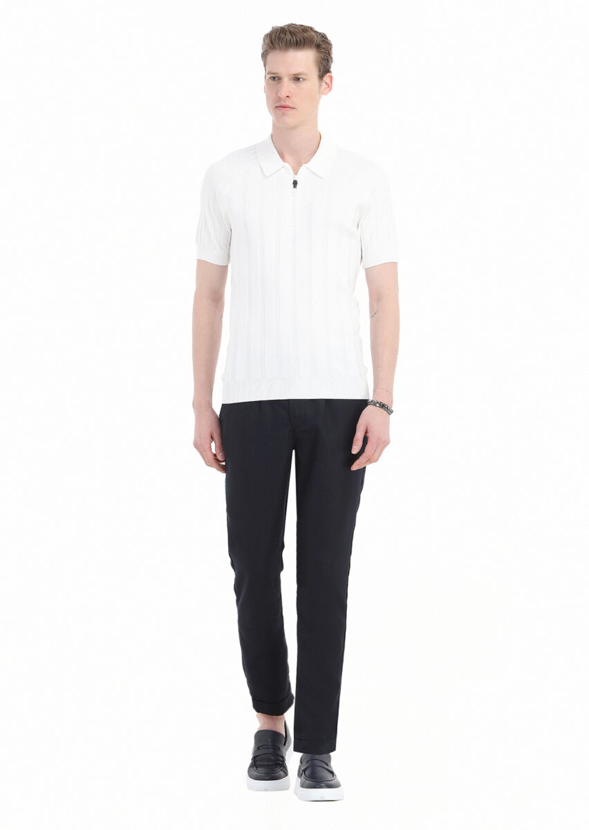 Ekru Polo Yaka Jakarlı Triko - 1