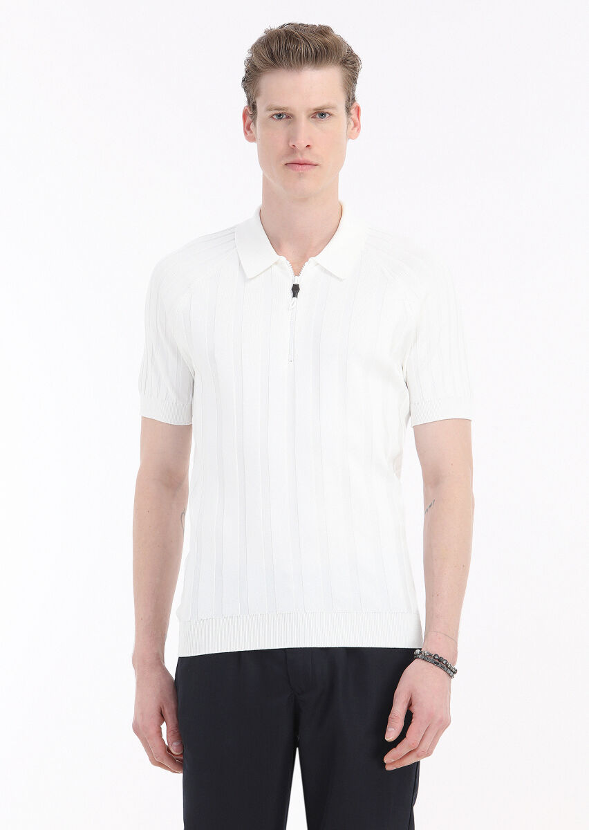 Ekru Polo Yaka Jakarlı Triko - 2