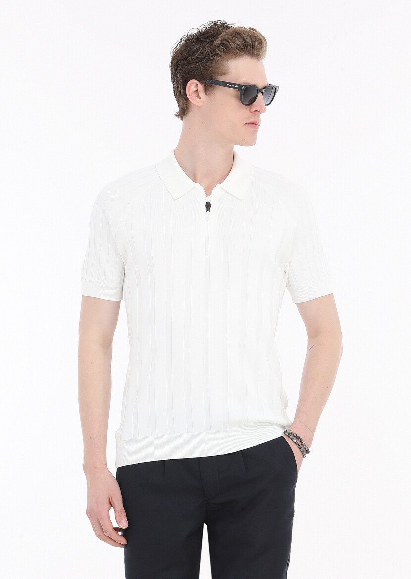 Ekru Polo Yaka Jakarlı Triko - 3