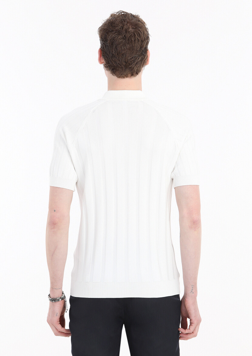 Ekru Polo Yaka Jakarlı Triko - 5