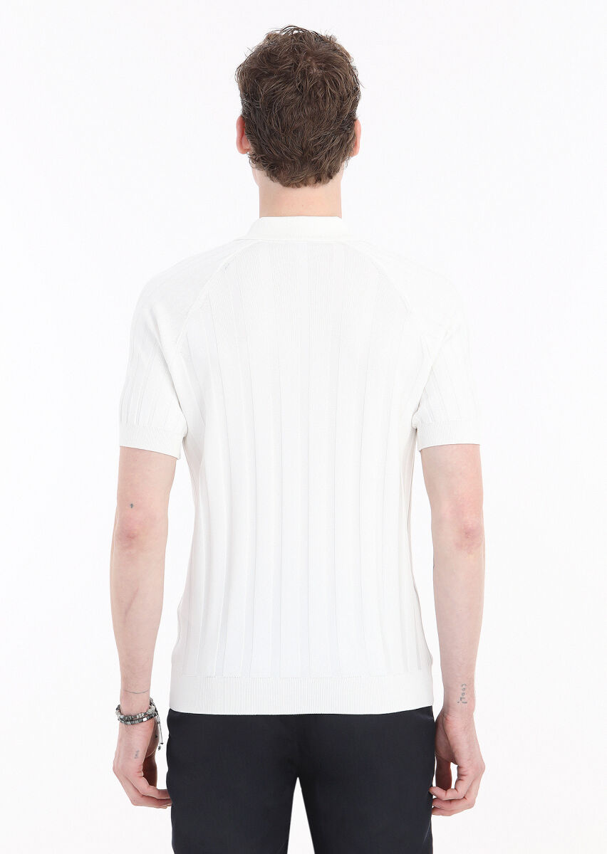 Ekru Polo Yaka Jakarlı Triko - 5