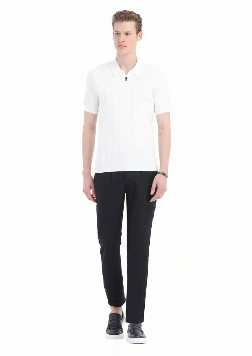 Ekru Polo Yaka Jakarlı Triko - 1