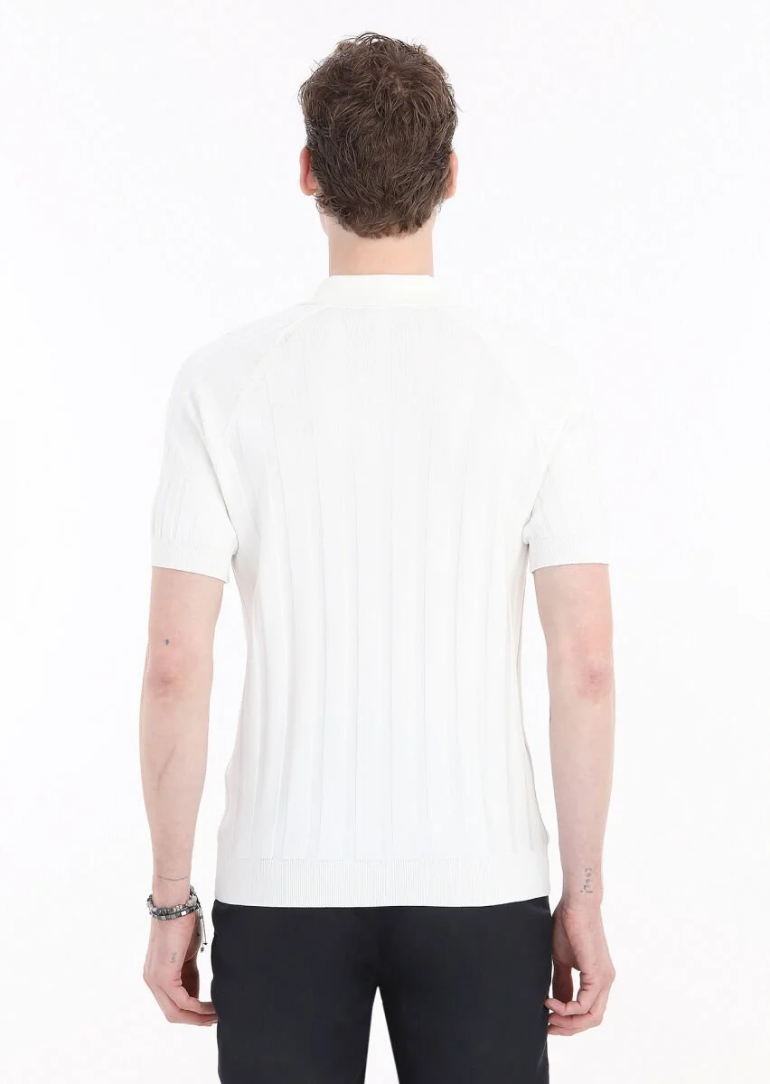 Ekru Polo Yaka Jakarlı Triko - 5