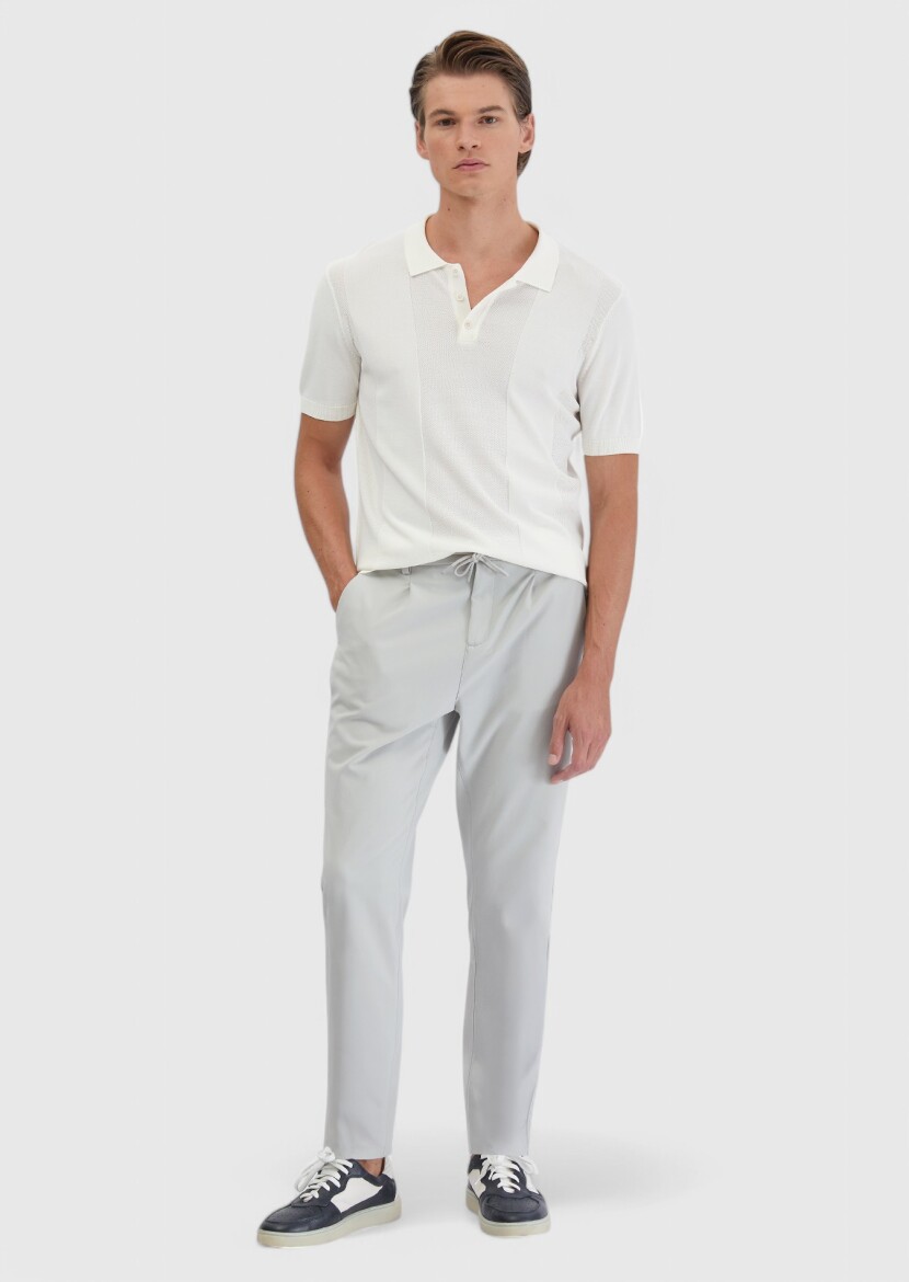 Ekru Polo Yaka Jakarlı Triko 