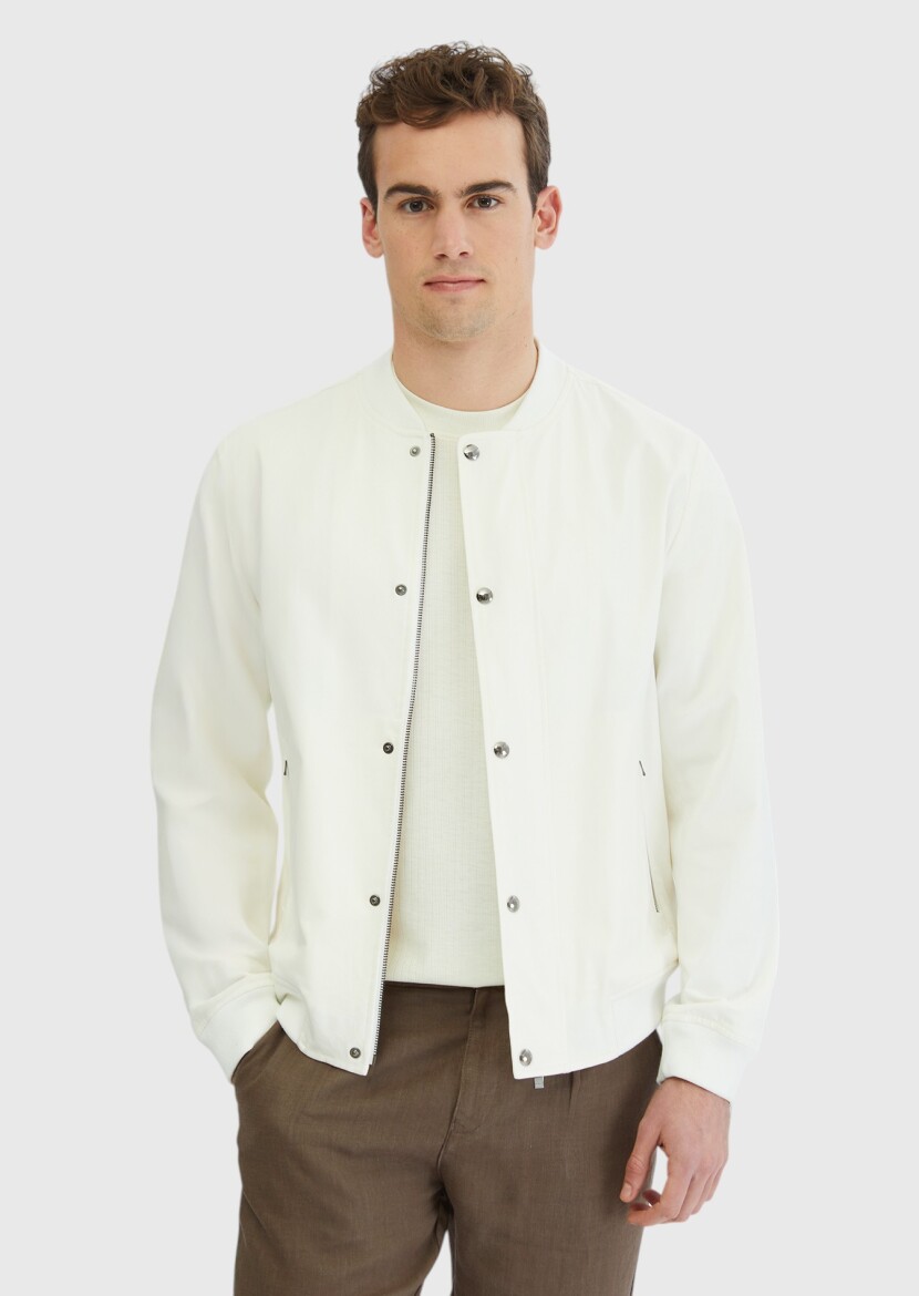 Ekru Regular Fit Dik Yaka Casual Dokuma Mont - RAMSEY