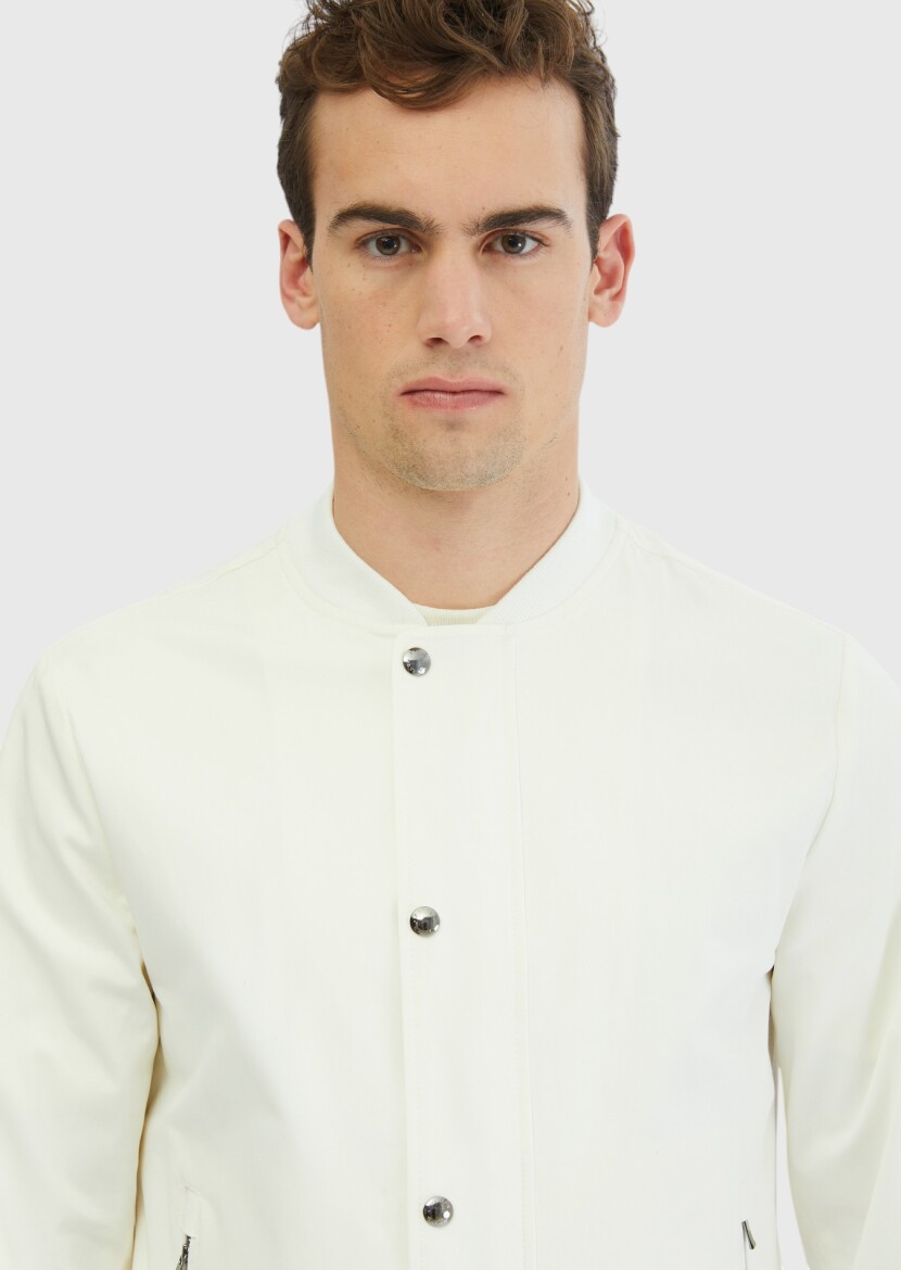 Ekru Regular Fit Dik Yaka Casual Dokuma Mont - 4