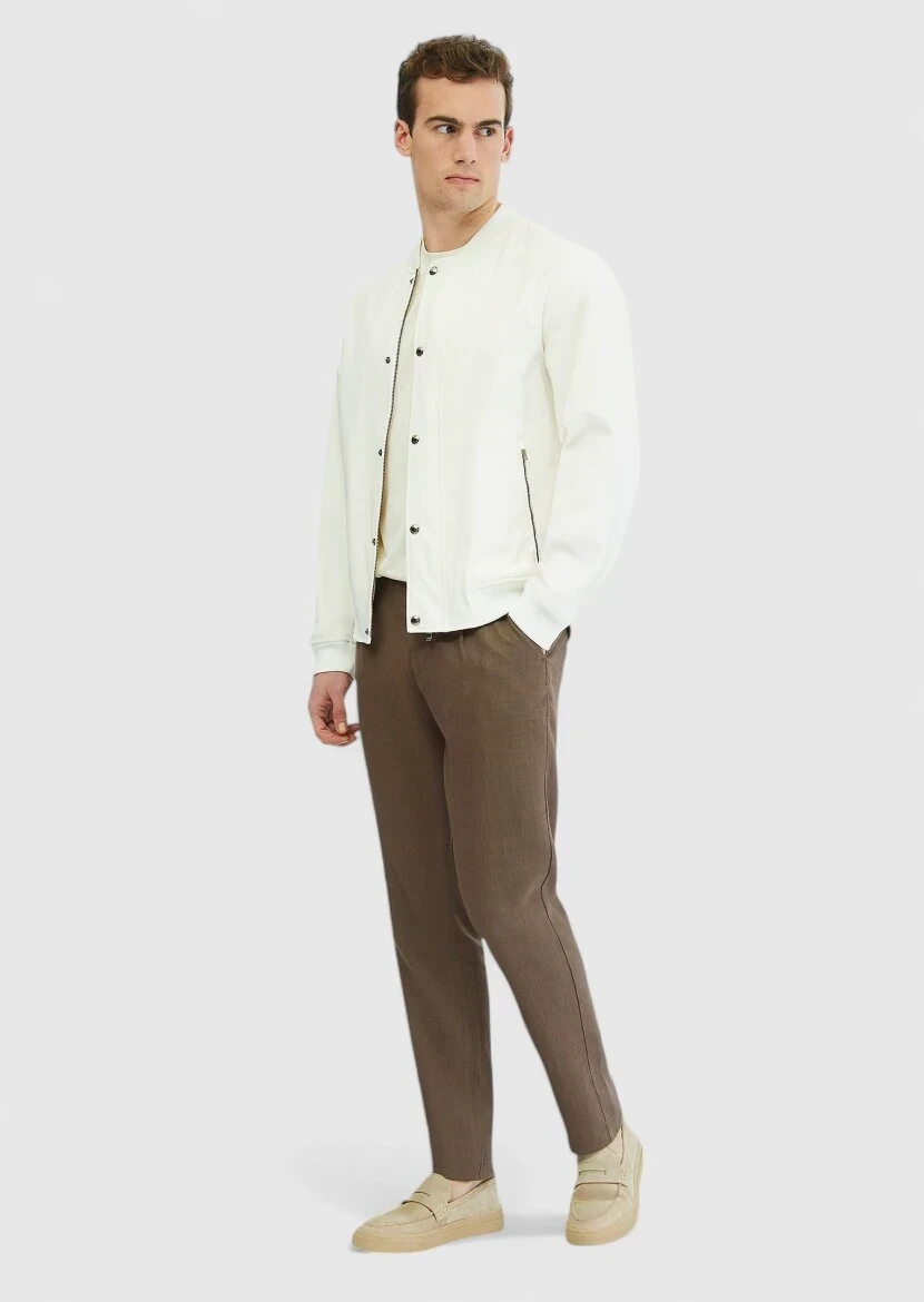 Ekru Regular Fit Dik Yaka Casual Dokuma Mont 