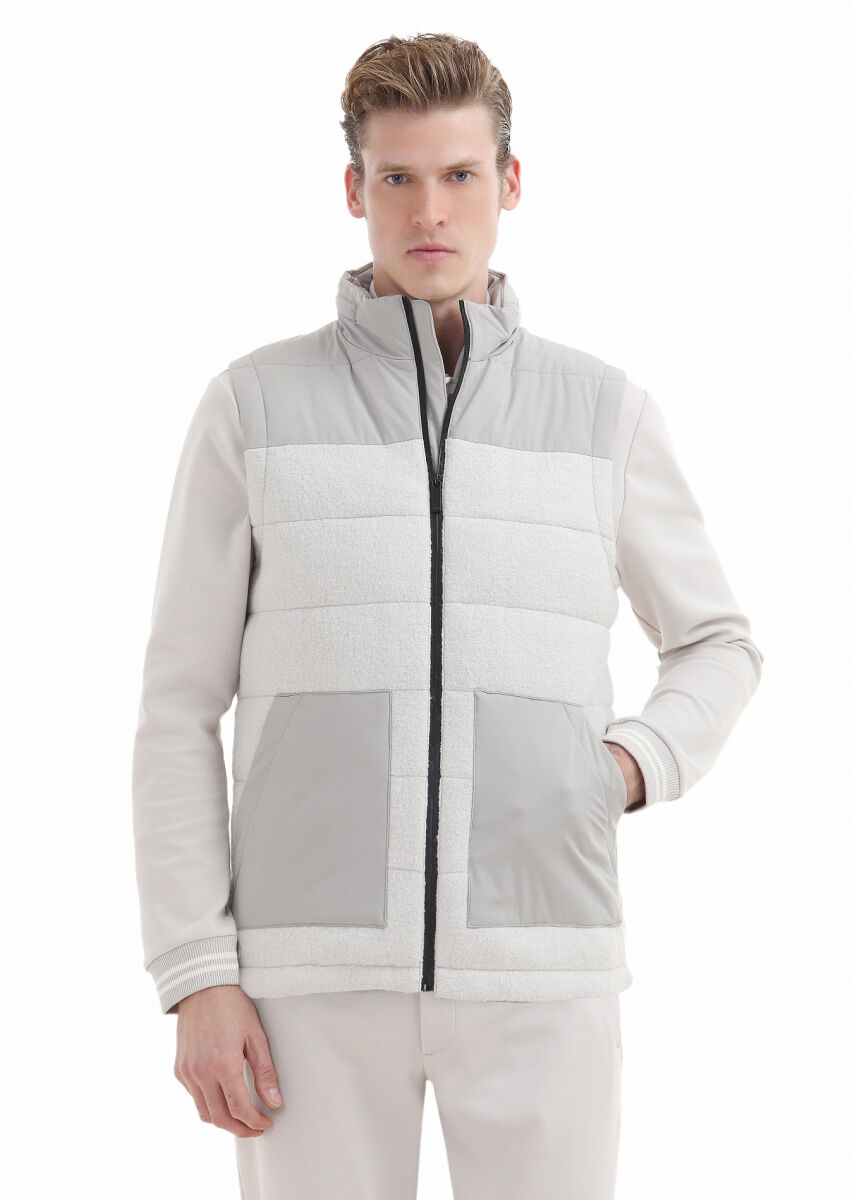 Ekru Regular Fit Dik Yaka Casual Dokuma Spor Yelek - 1