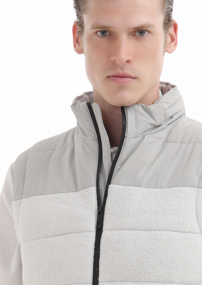 Ekru Regular Fit Dik Yaka Casual Dokuma Spor Yelek - 4