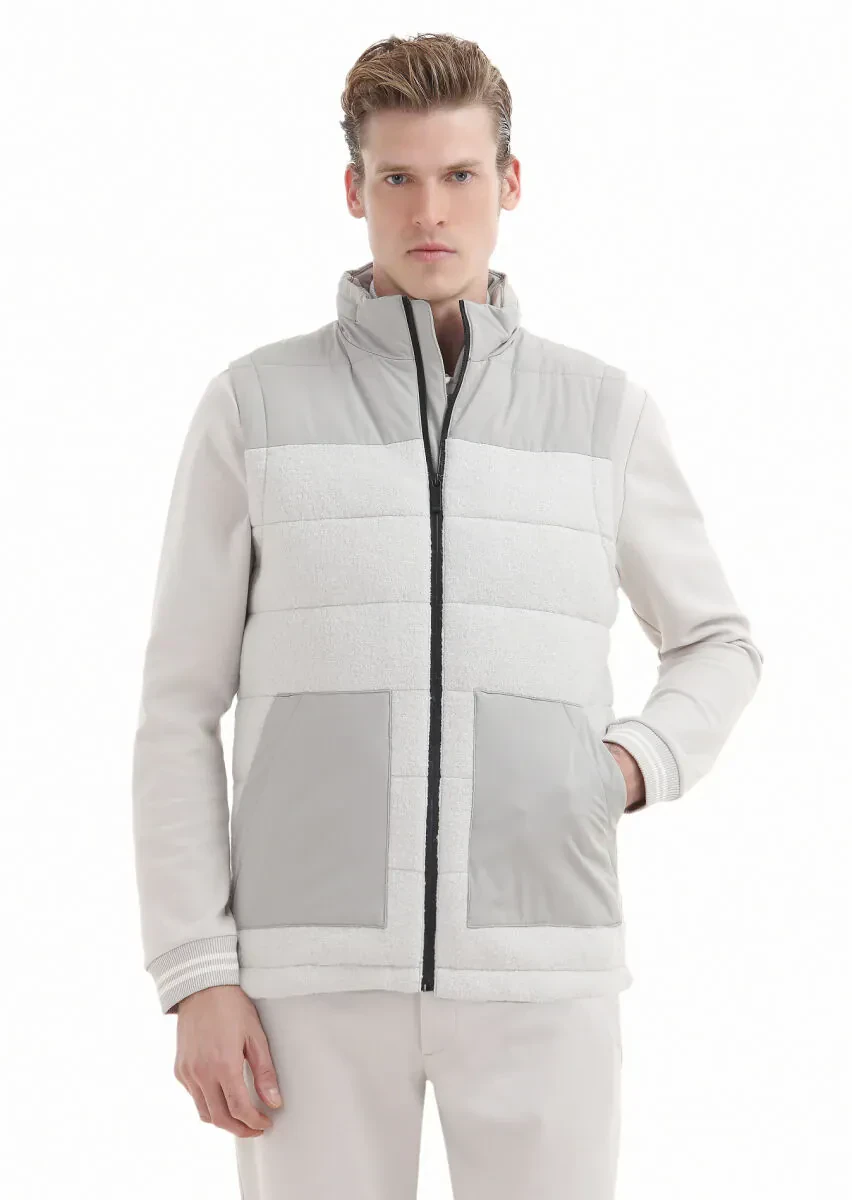 Ekru Regular Fit Dik Yaka Casual Dokuma Spor Yelek - 1