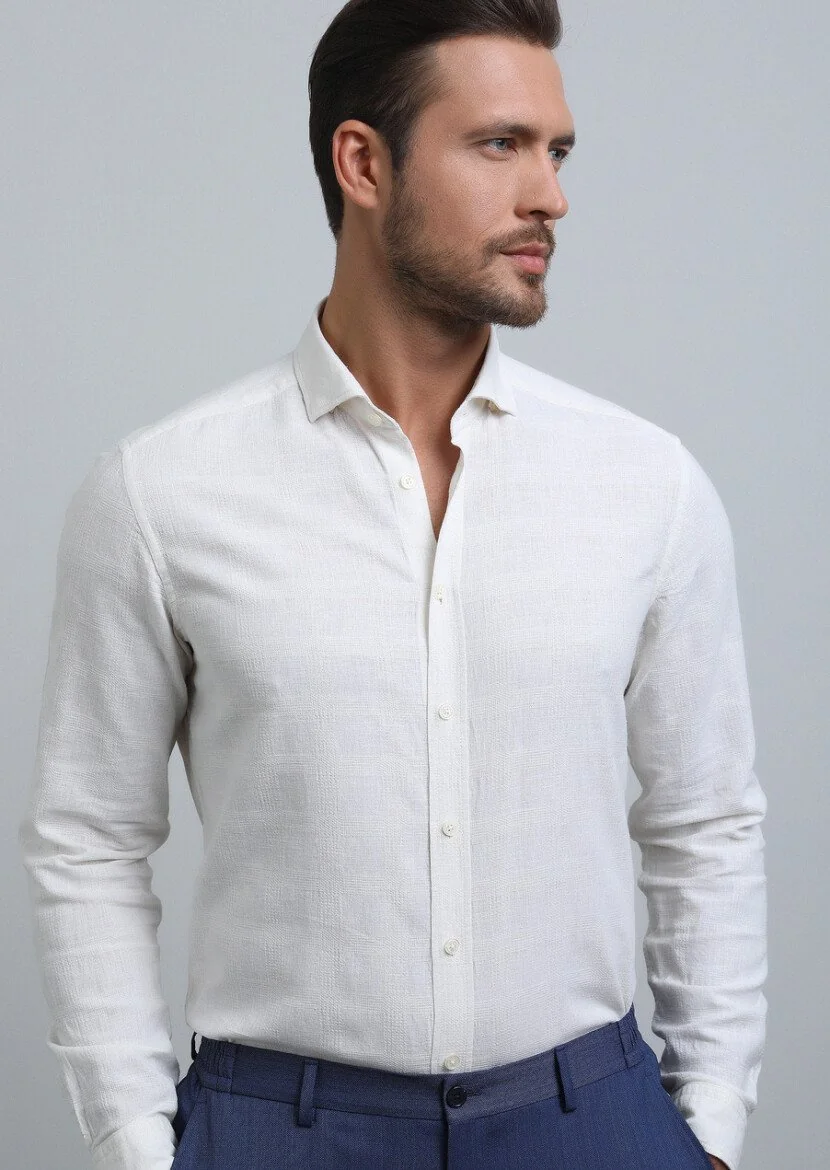 Ekru Regular Fit Dokuma Casual Pamuk Karışımlı Gömlek - 4