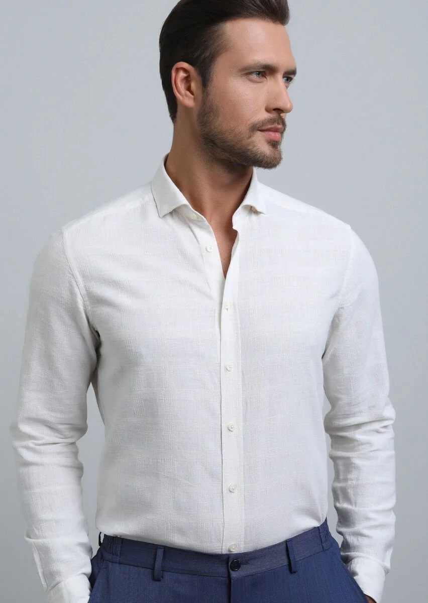 Ekru Regular Fit Dokuma Casual Pamuk Karışımlı Gömlek - 4