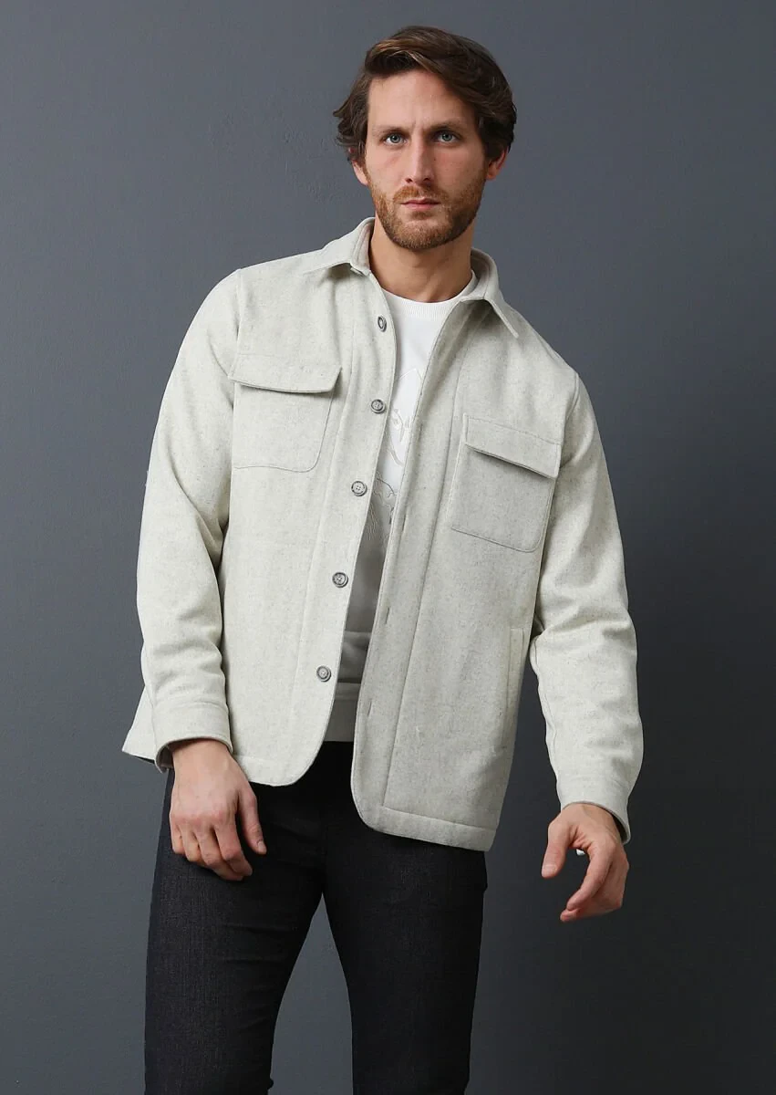 Ekru Regular Fit Dokuma Yün Karışımlı Overshırt - 3