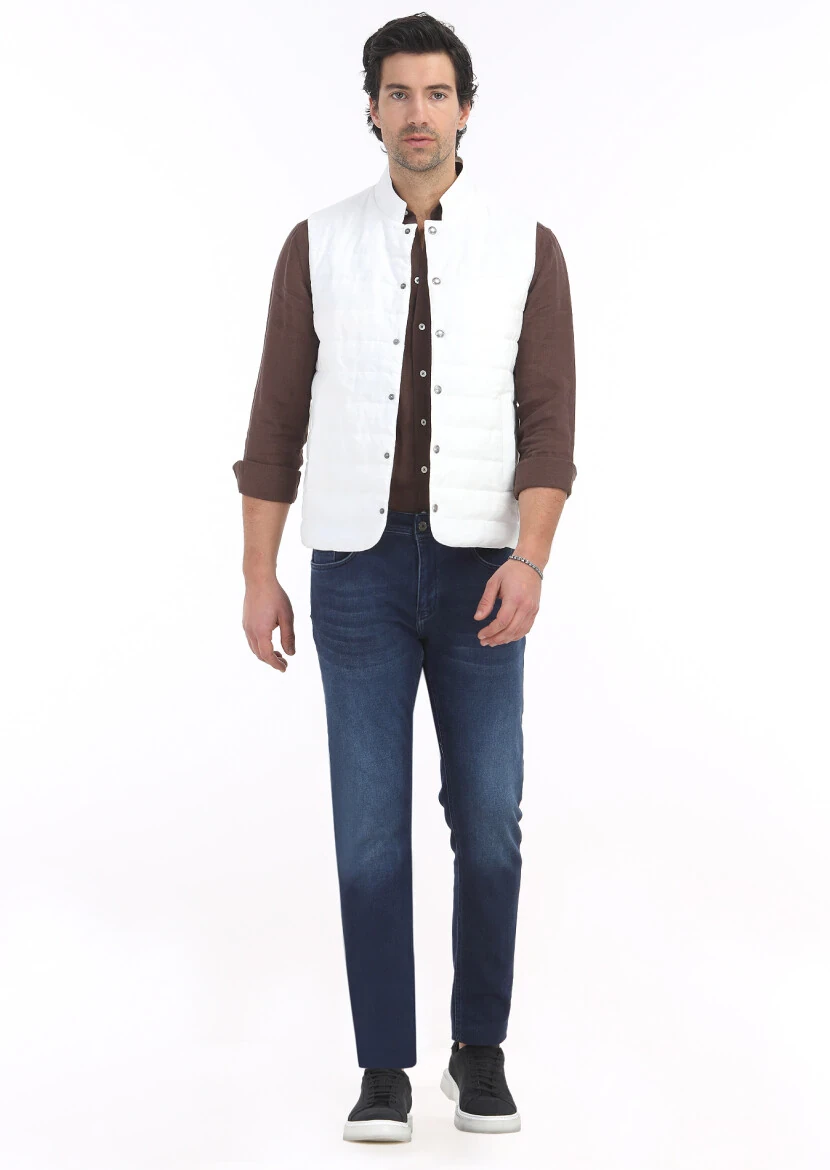 Ekru Regular Fit Hakim Yaka Casual Dokuma Spor Yelek - 1