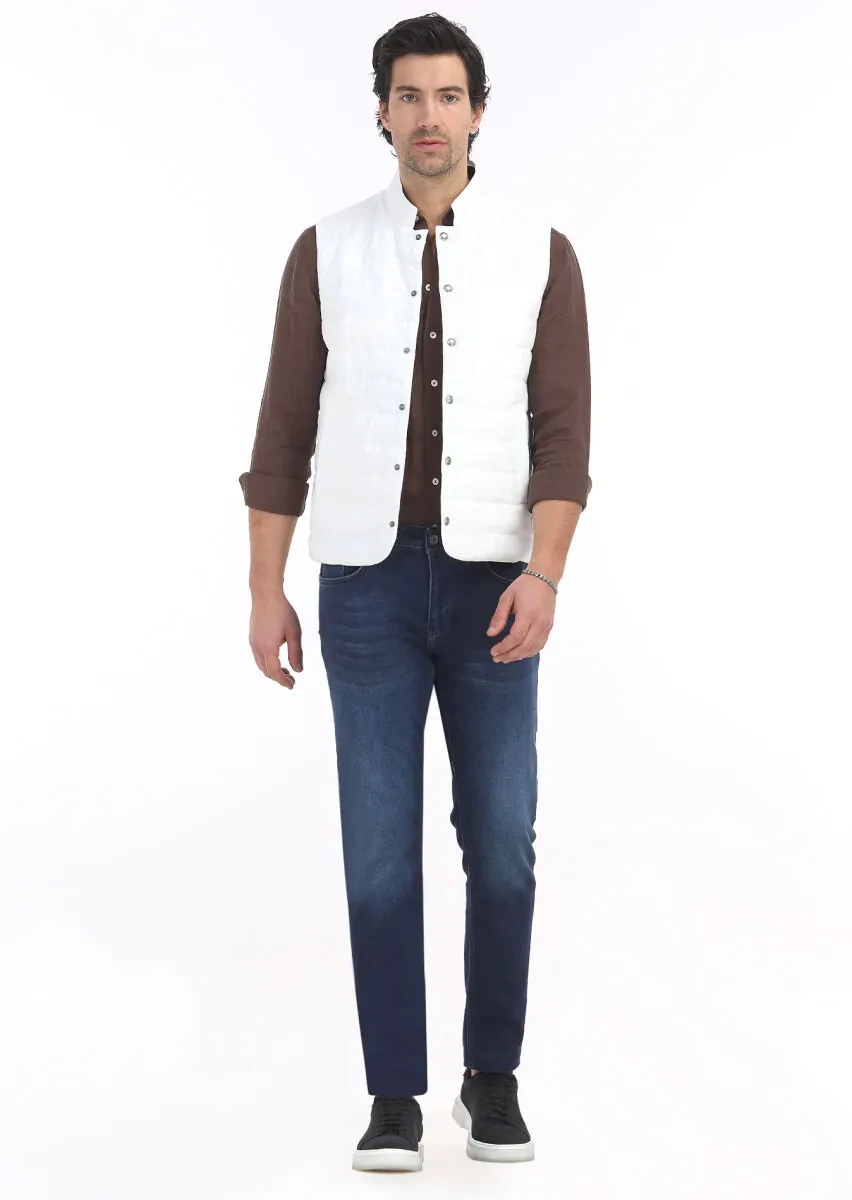 Ekru Regular Fit Hakim Yaka Casual Dokuma Spor Yelek - 1