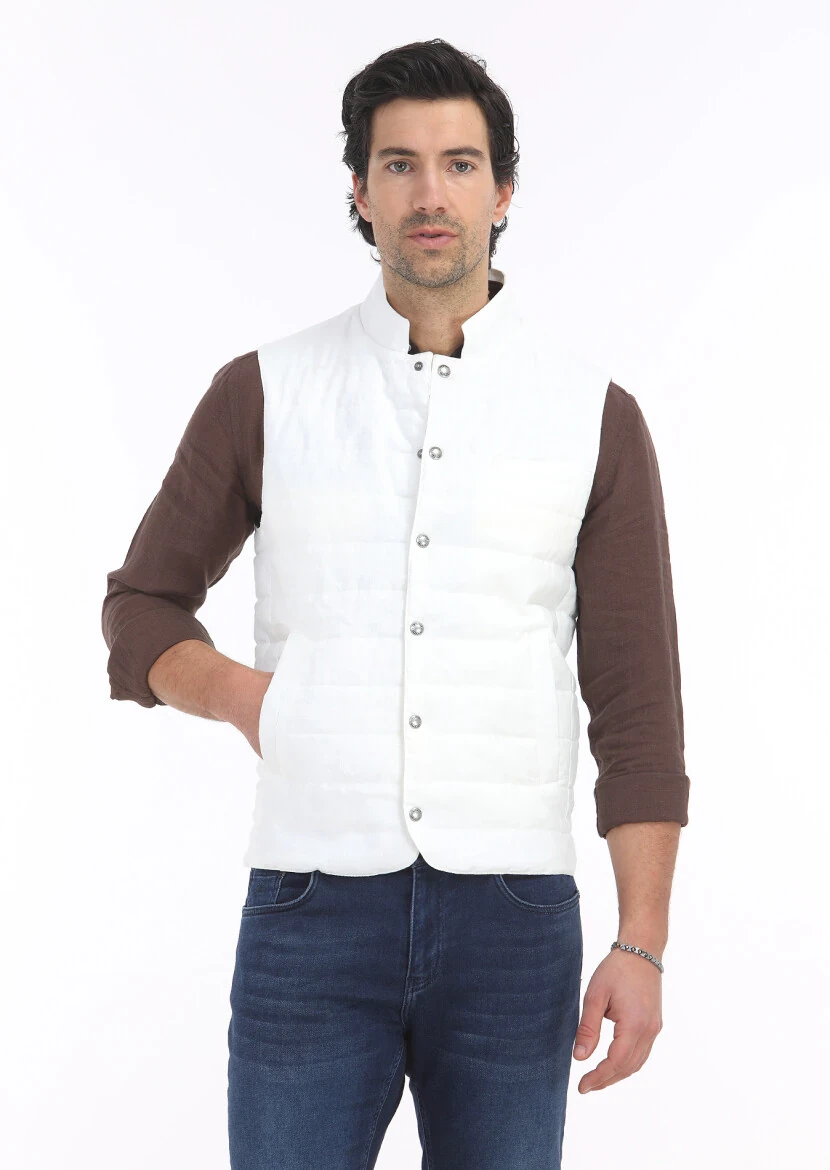 Ekru Regular Fit Hakim Yaka Casual Dokuma Spor Yelek - 2