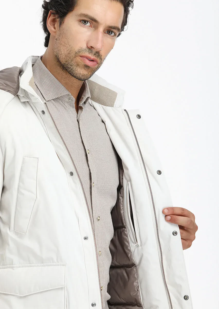 Ekru Regular Fit Kapüşonlu Casual Dokuma Kaban - 4